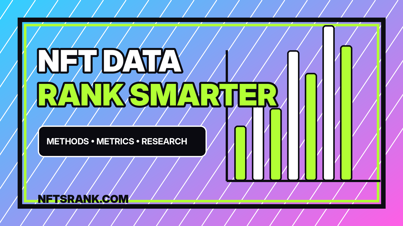 NFT data and ranking bars in a neon research-card design